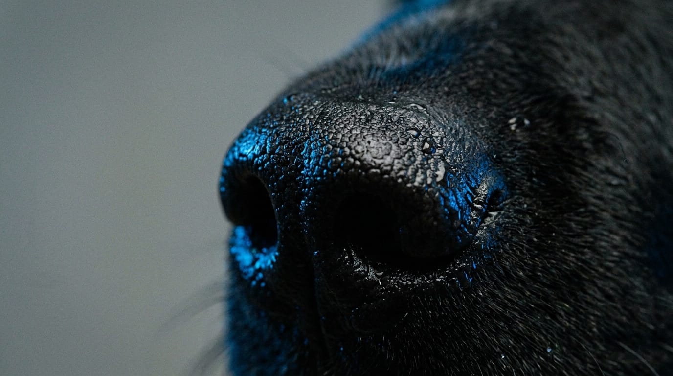 A close-up of a dog's wet nose, showing incredible detail