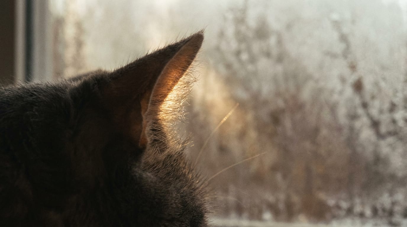 A cat's ear silhouetted against a window, highlighting its structure