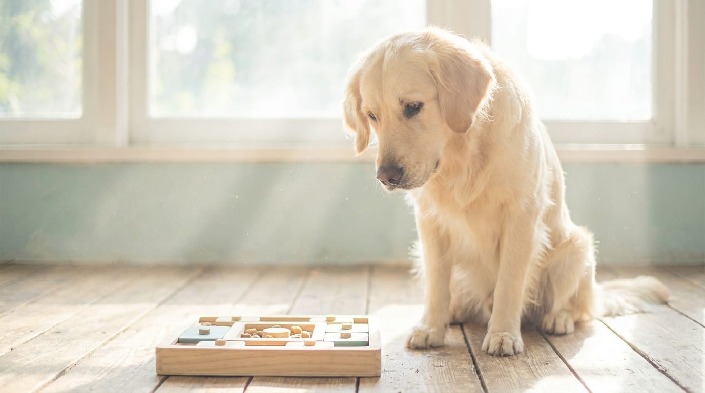 A golden retriever looking curiously at a puzzle toy