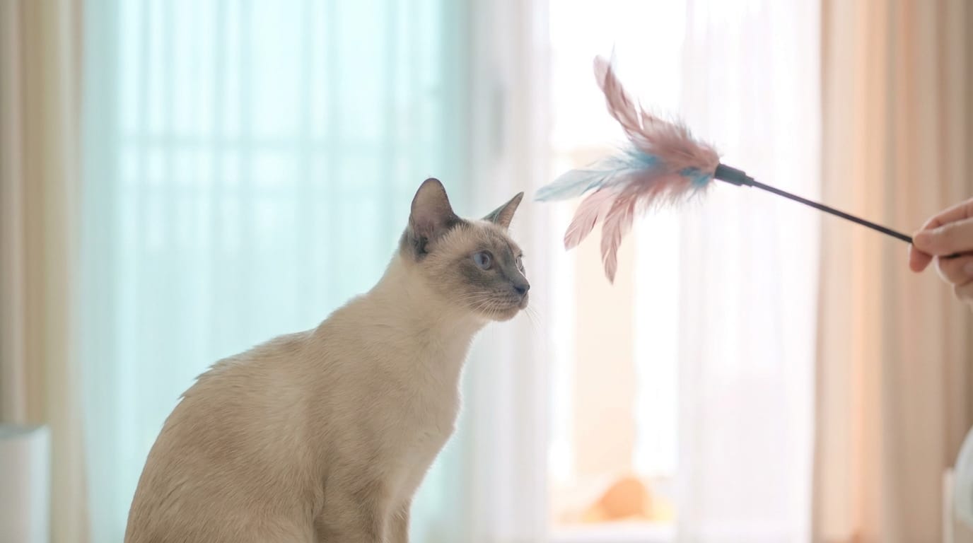 A Siamese cat playing intently with a feather toy