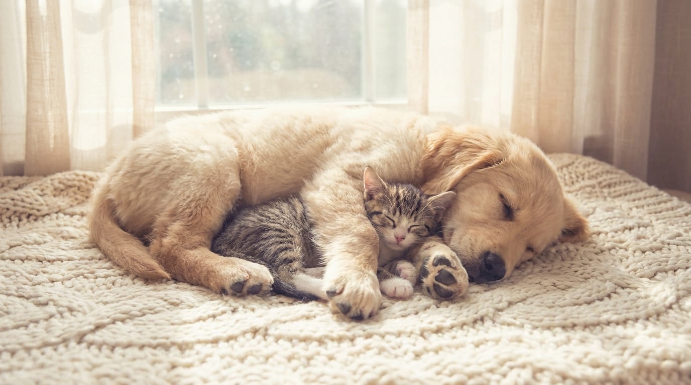 A puppy and kitten sleeping together on a soft blanket