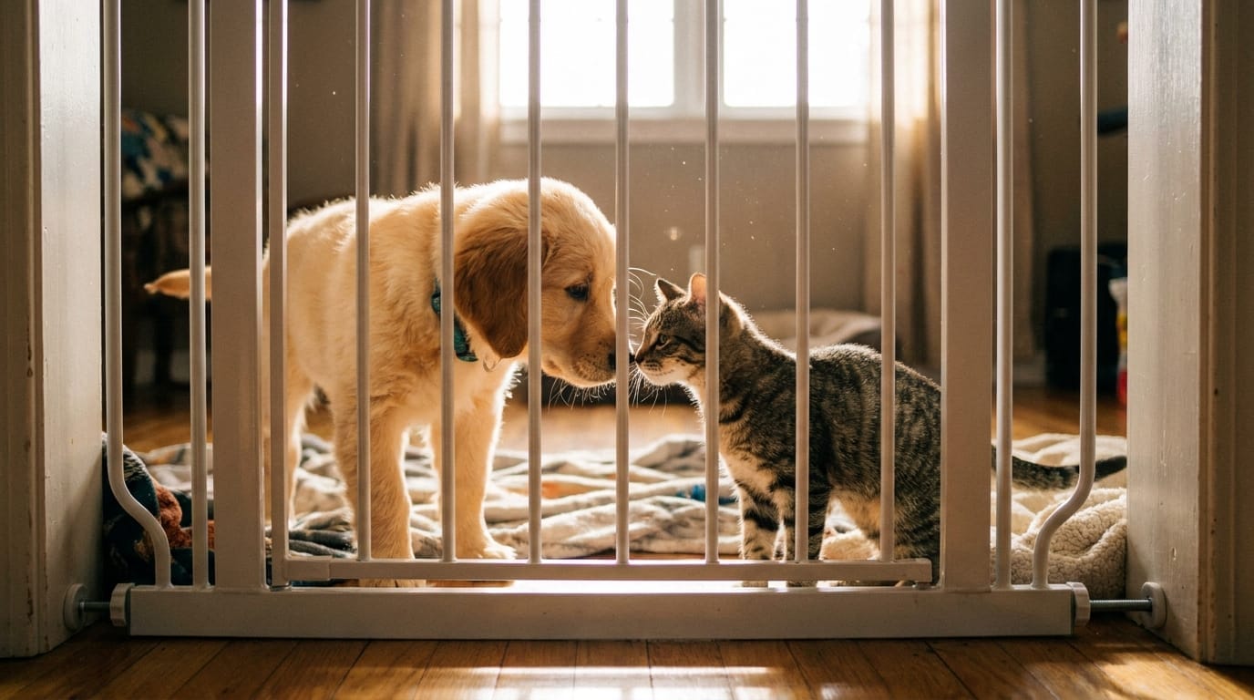 A puppy and kitten meeting for the first time through a baby gate
