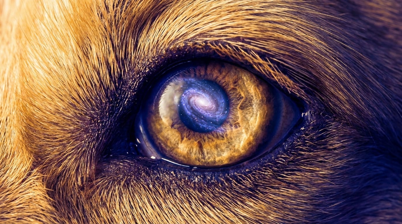 A close-up of a dog's eye reflecting a starry sky, symbolizing animal intelligence