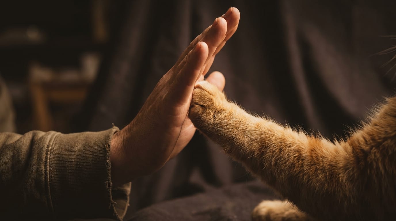 A human hand and a cat paw touching in a gentle high-five