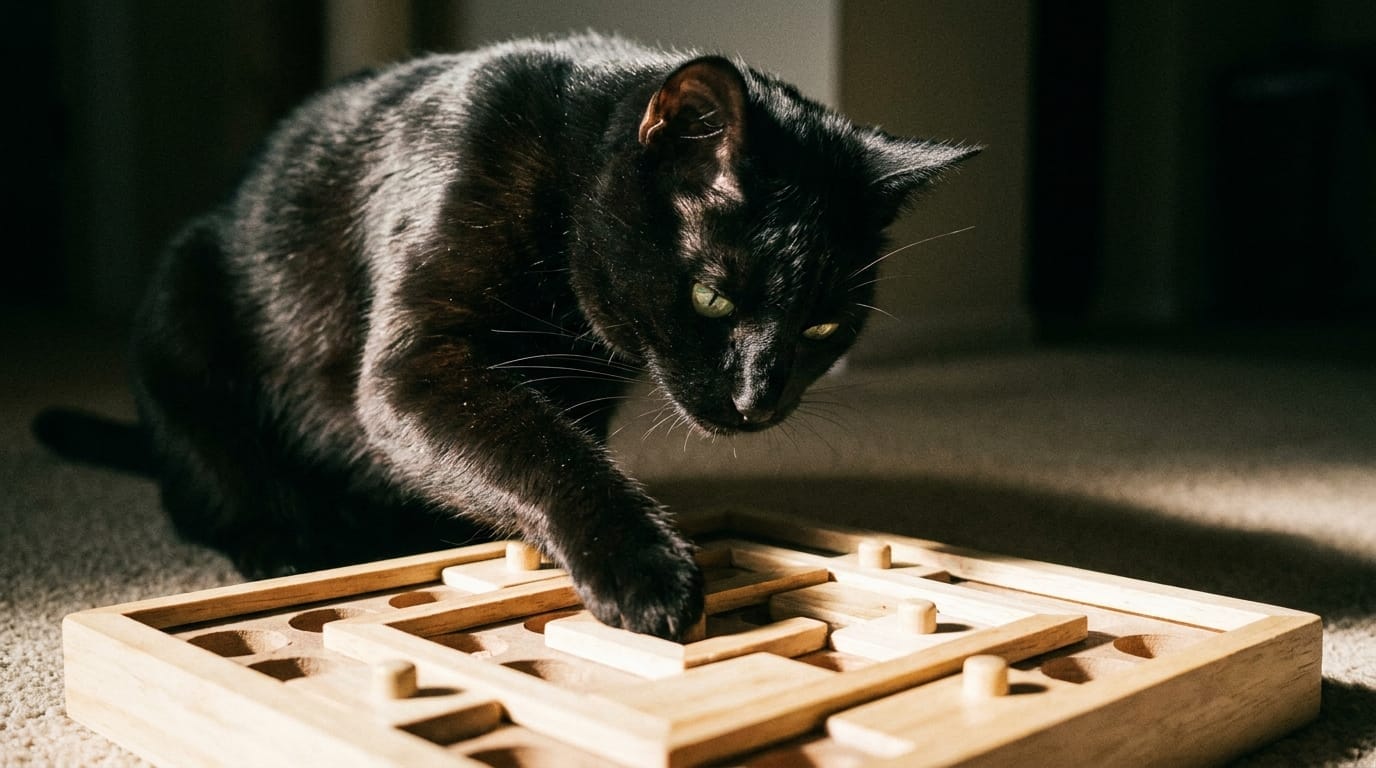 A black cat solving a food puzzle toy with intense focus