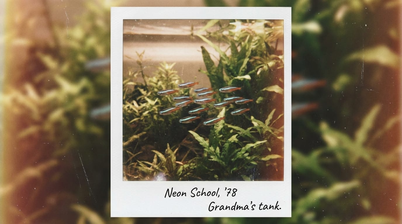 A school of neon tetras in a planted aquarium