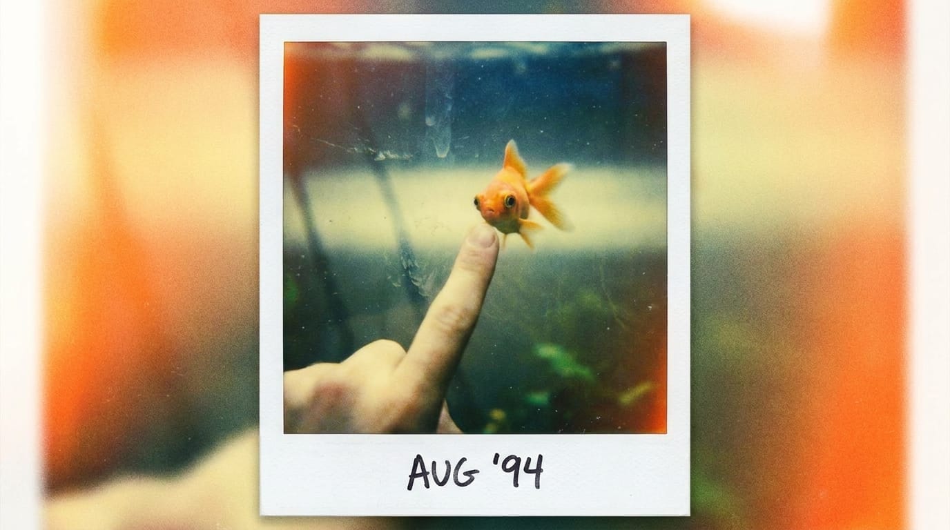 A goldfish curiously interacting with a person at the aquarium glass