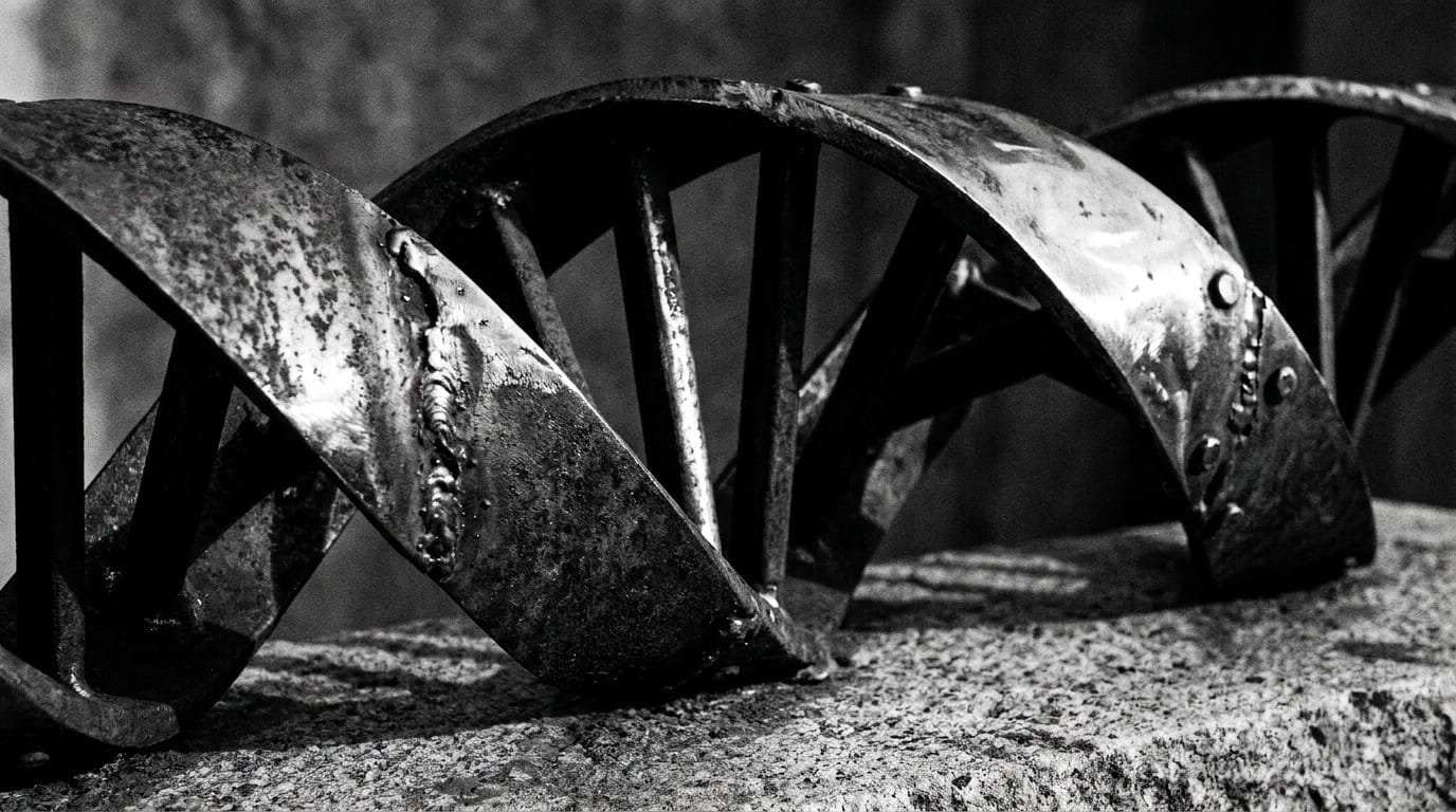 Abstract artistic rendering of a DNA helix in black and white