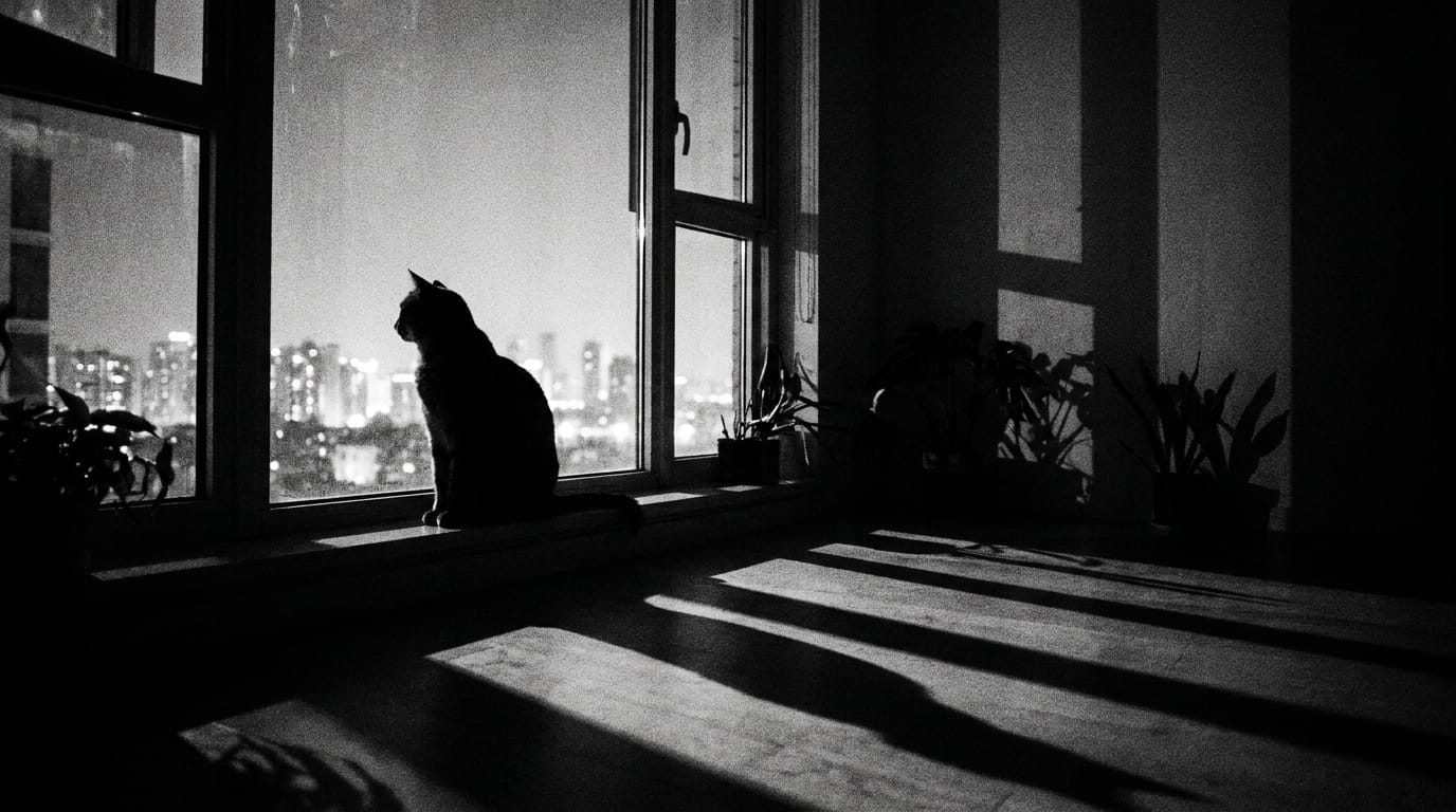 Silhouette of a cat on a windowsill in black and white