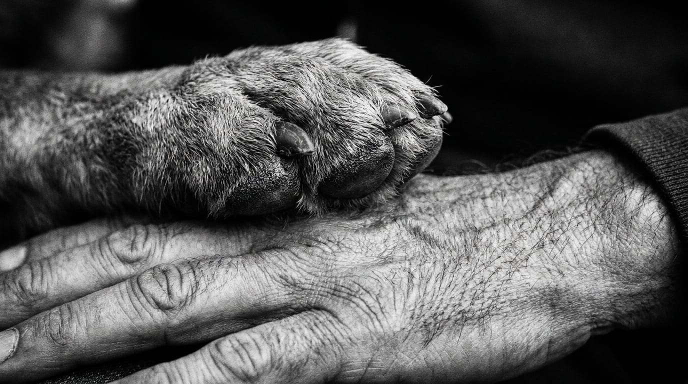 Dog's paw resting on a human hand in a monochrome photo