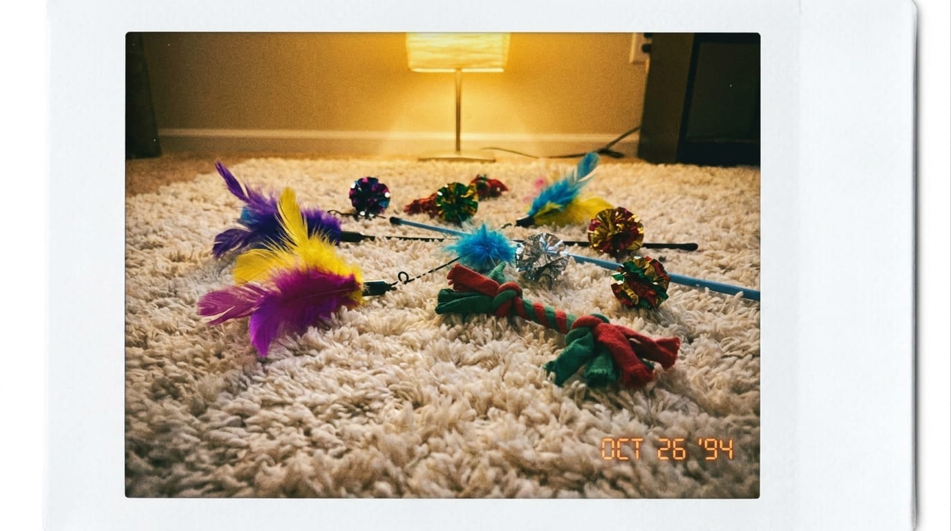 A variety of colorful pet toys on a rug