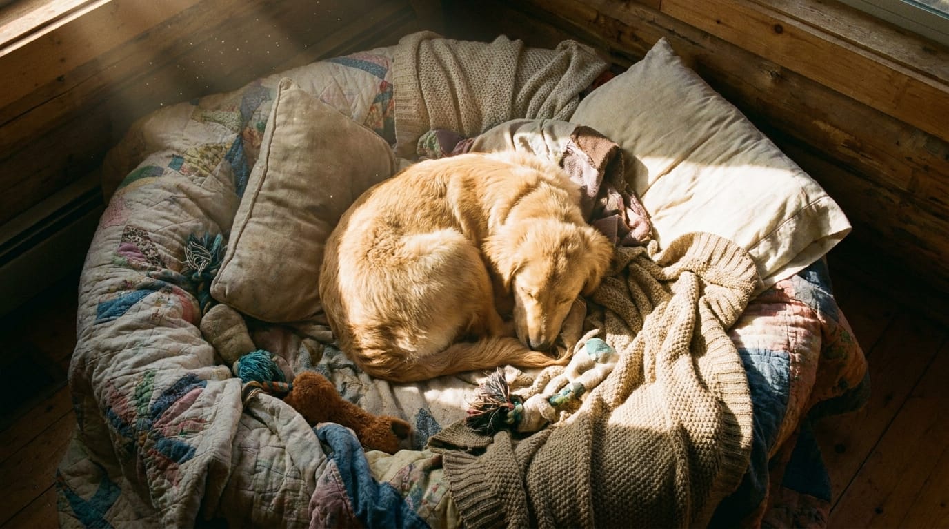 A golden retriever sleeping soundly in a cozy dog bed.