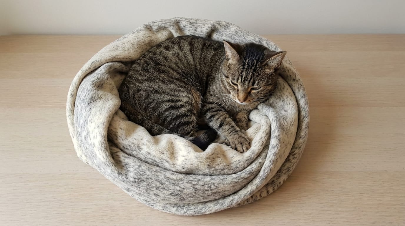 A tabby cat making a nest out of a soft blanket.
