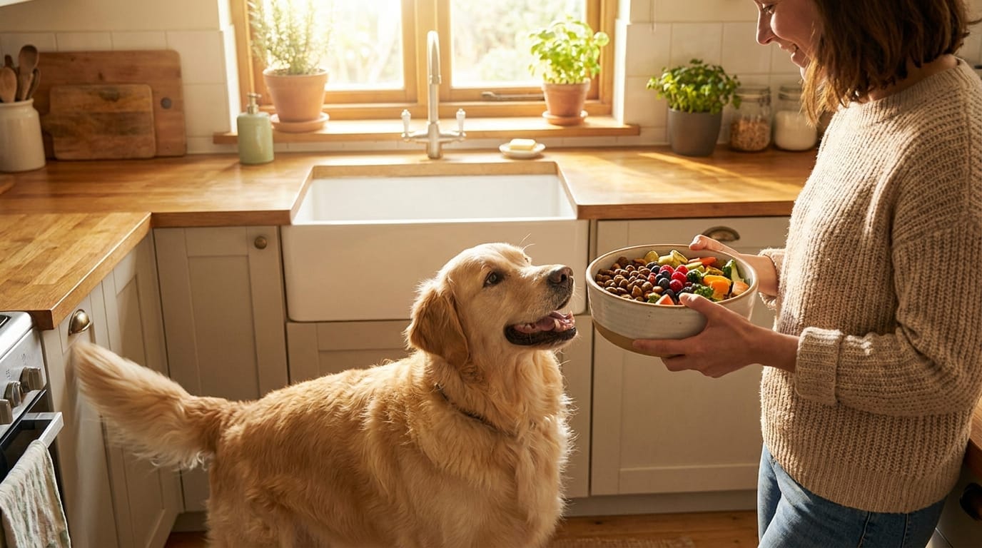 Happy golden retriever waiting for its healthy meal