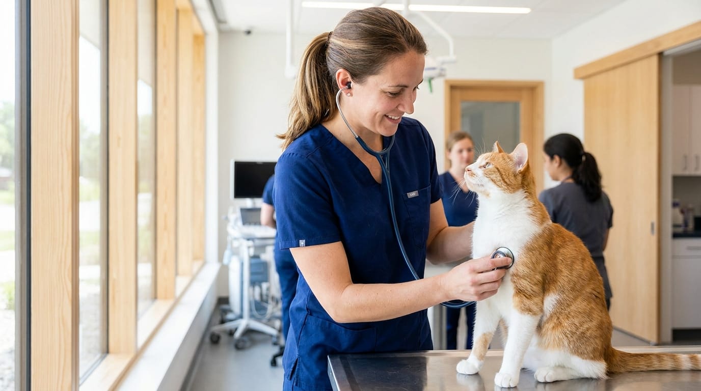 Veterinarian performing a check-up on a calm cat