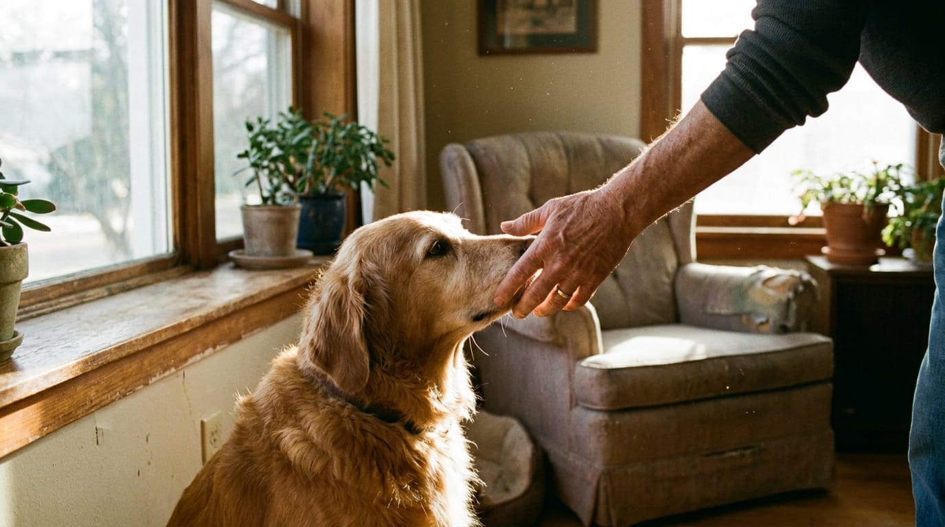 A person's hand on a golden retriever's head, showing a close bond