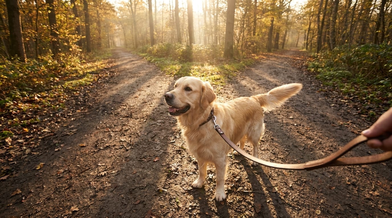 A golden retriever choosing a path on a walk in the park
