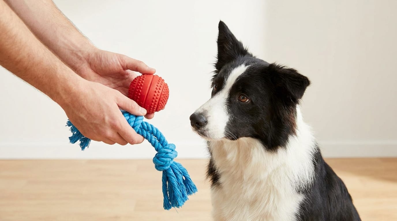 A person offering a dog a choice between two different toys
