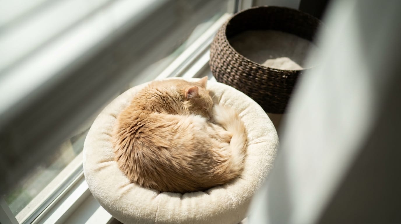 A cat sleeping in its chosen bed in a sunny room