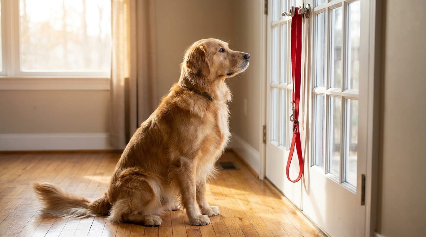A golden retriever looking at a leash, ready for a walk.