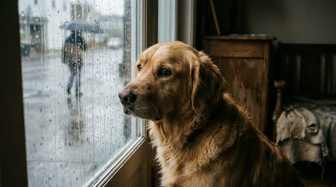 A sad golden retriever looking out a window.