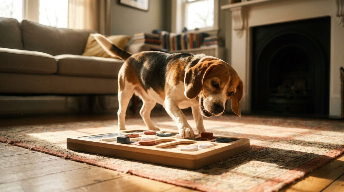 A beagle playing with a puzzle toy.