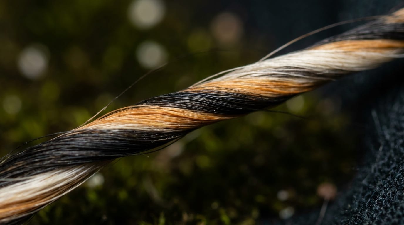 Close-up of a single strand of calico cat fur showing different pigments