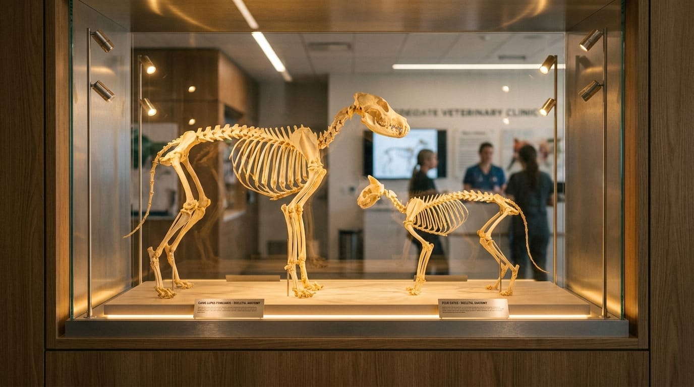 Skeletons of a cat and dog on display for anatomical comparison