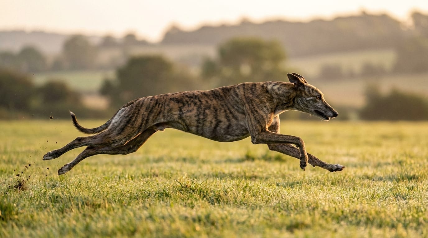 A greyhound sprinting, showcasing its athletic skeletal structure