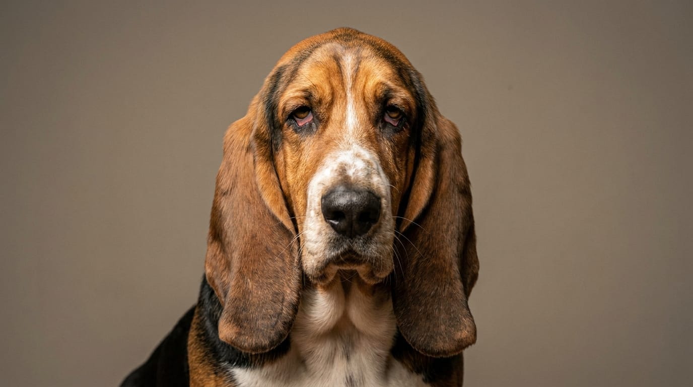 Portrait of a Basset Hound highlighting its distinctive facial structure