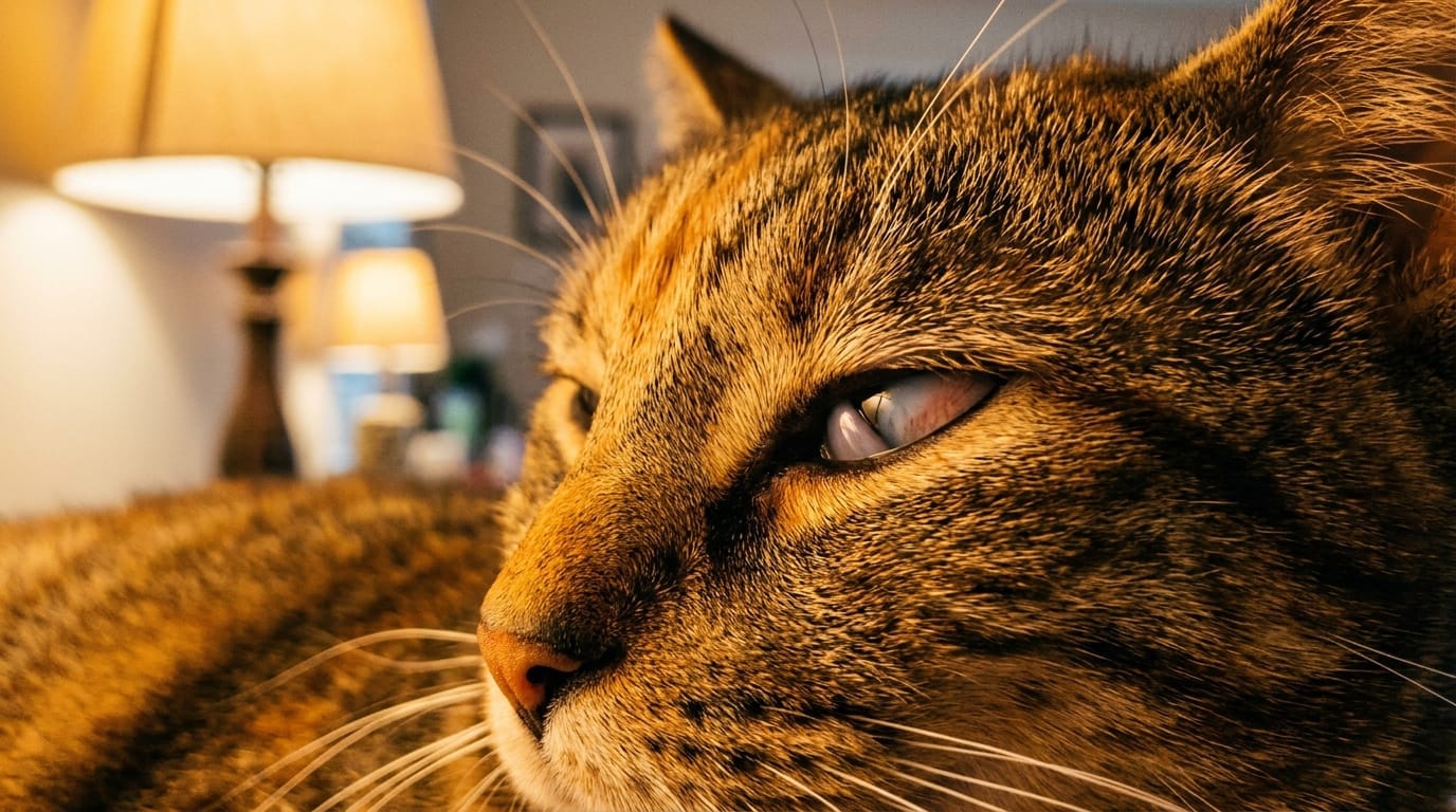 A close-up of a sleeping cat's twitching eye, indicating it is dreaming