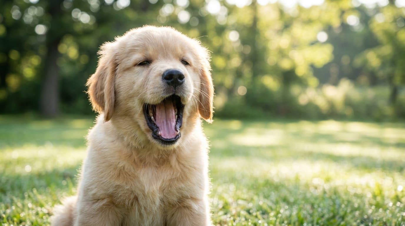 A cute and sleepy golden retriever puppy yawning in the morning sunlight