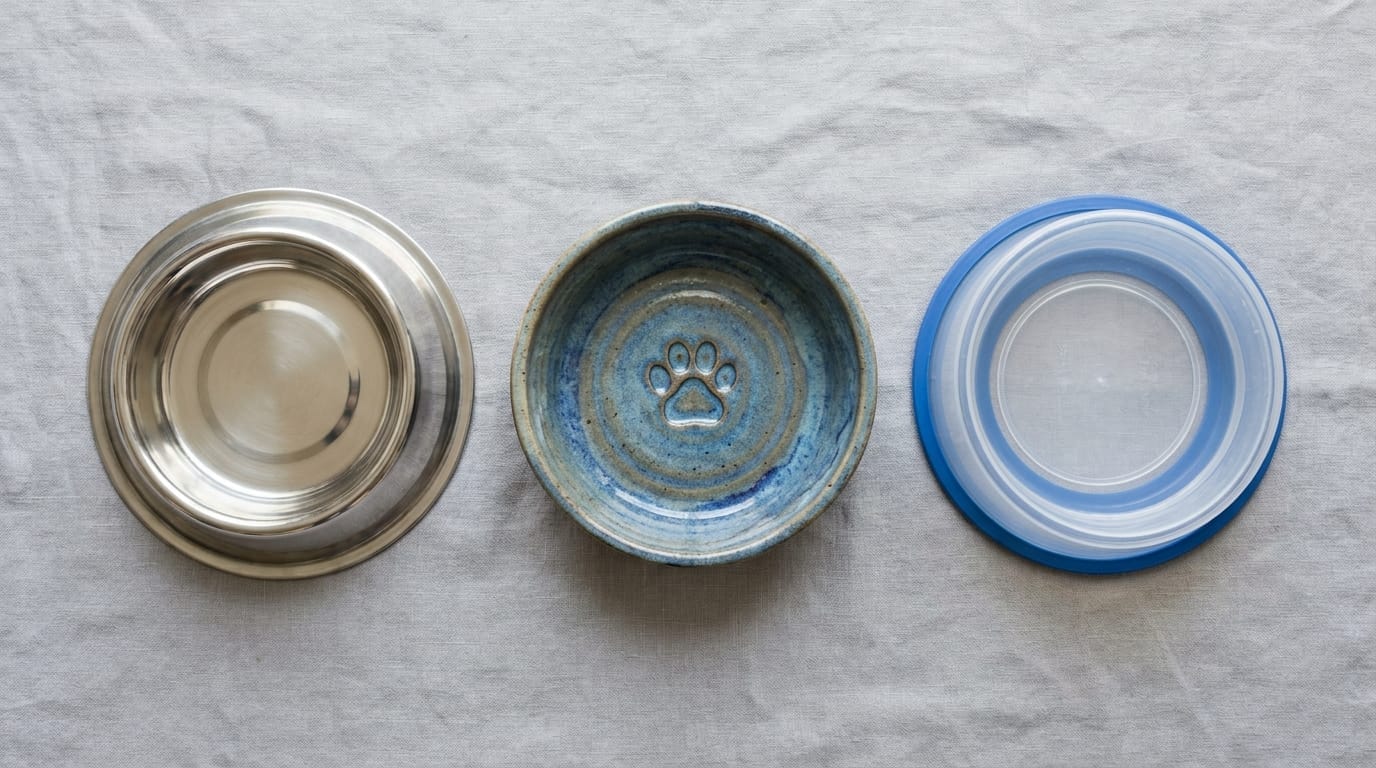 An overhead view of stainless steel, ceramic, and plastic pet water bowls.