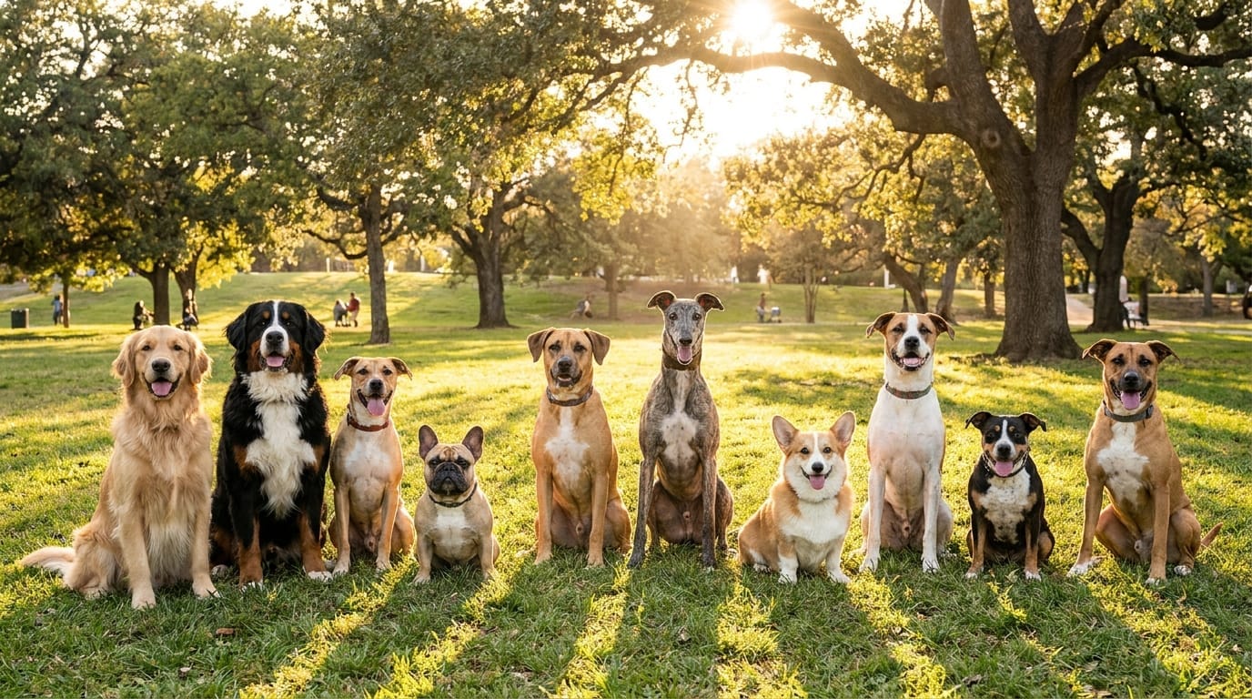 A group of different dog breeds sitting together in a park