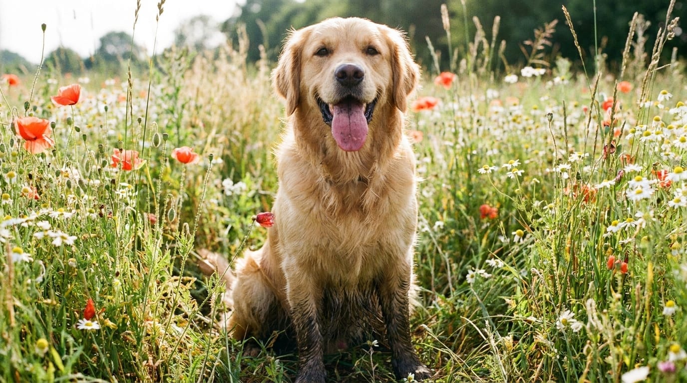A happy, muddy golden retriever sitting in a field