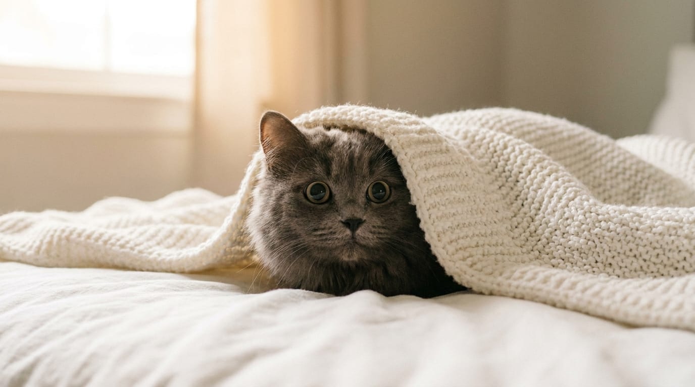 A shy gray cat hiding under a white blanket