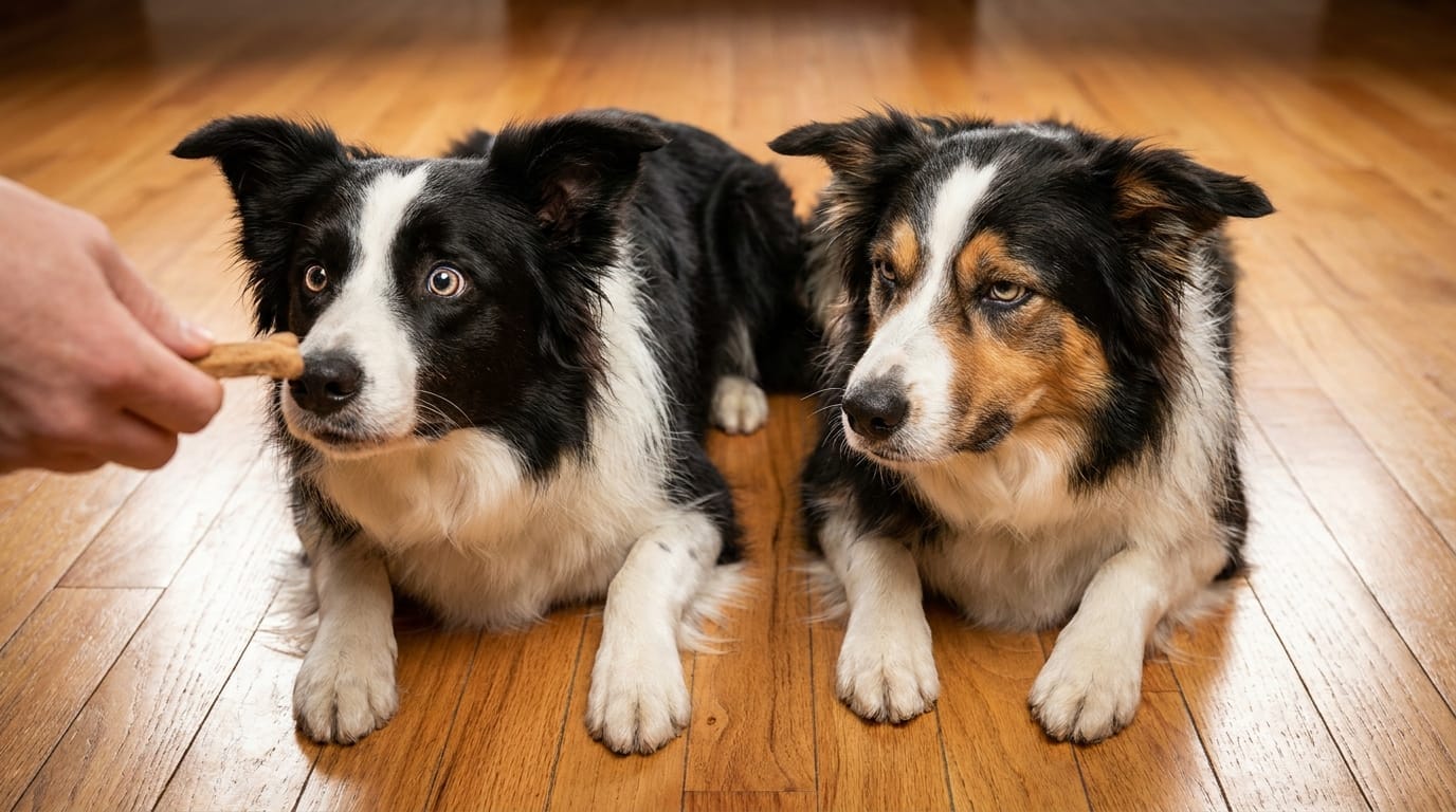 Two dogs showing different reactions to a treat, illustrating fairness