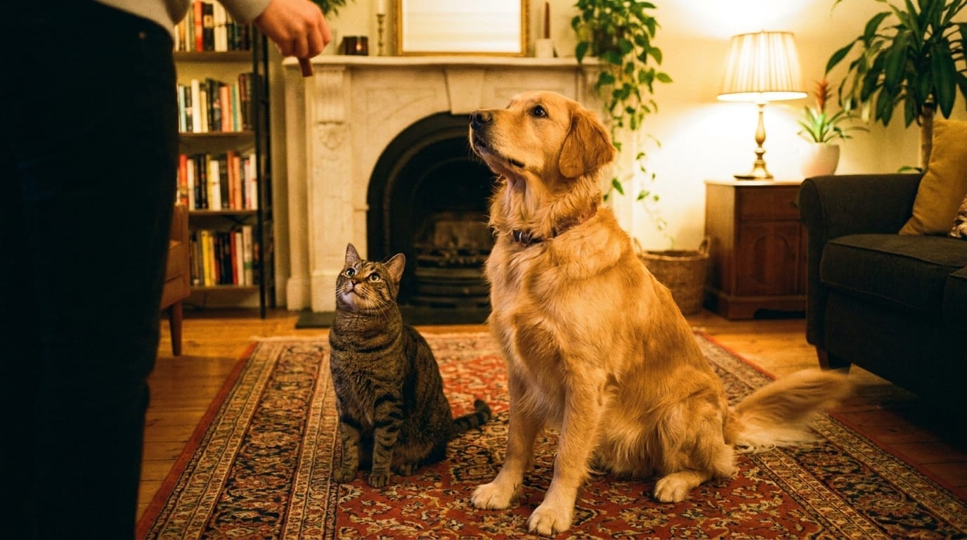 A dog and cat waiting for attention from their owner