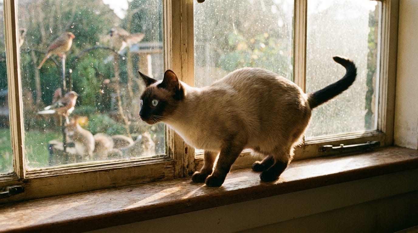 A focused cat observing its environment from a windowsill