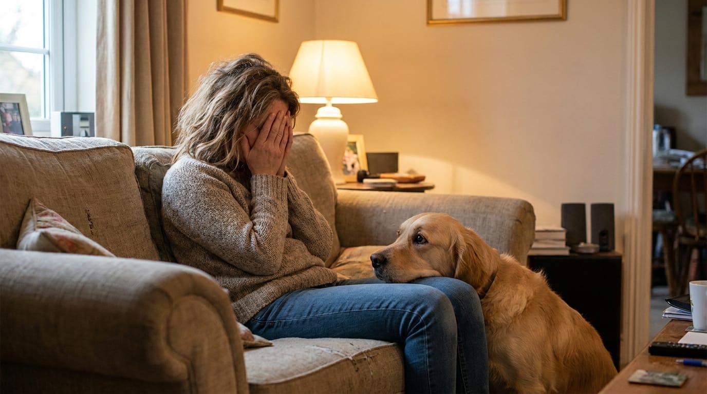 A worried golden retriever comforting its stressed owner on a couch
