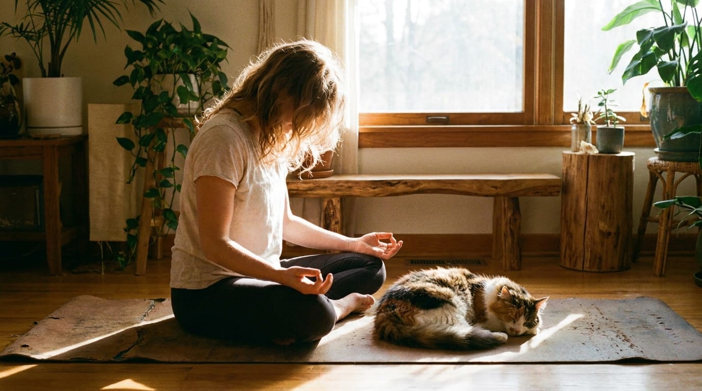 A calm cat sleeping next to its owner during a yoga session