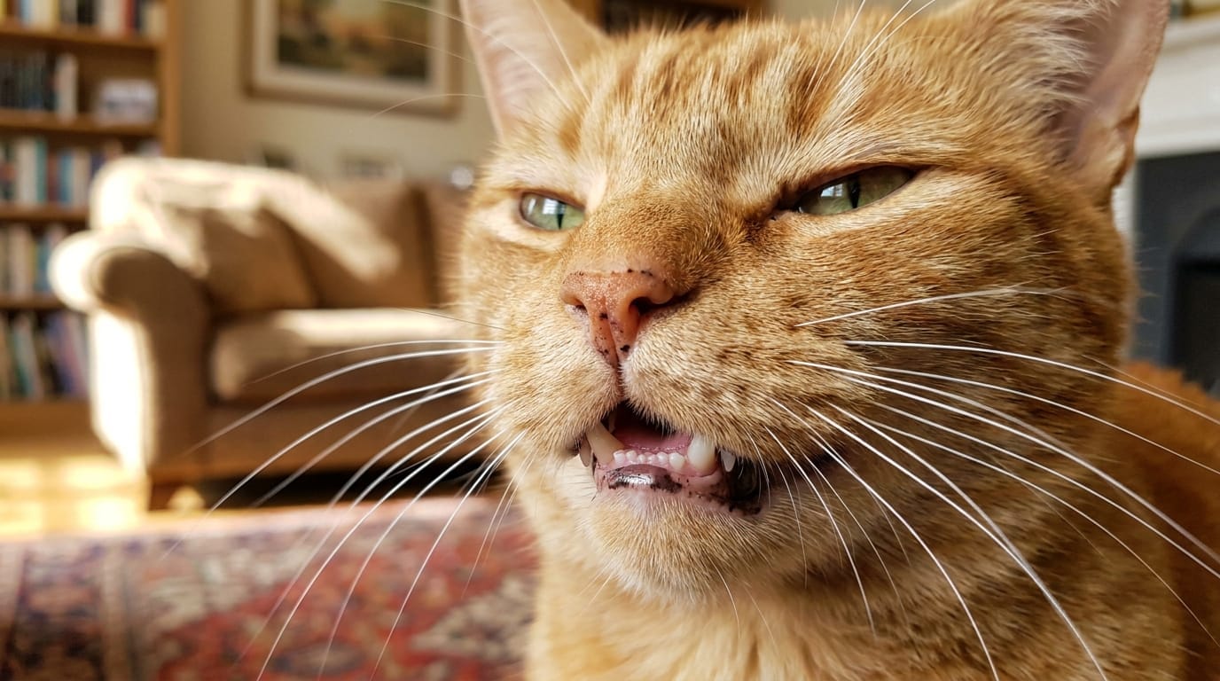 A ginger cat making the Flehmen response face