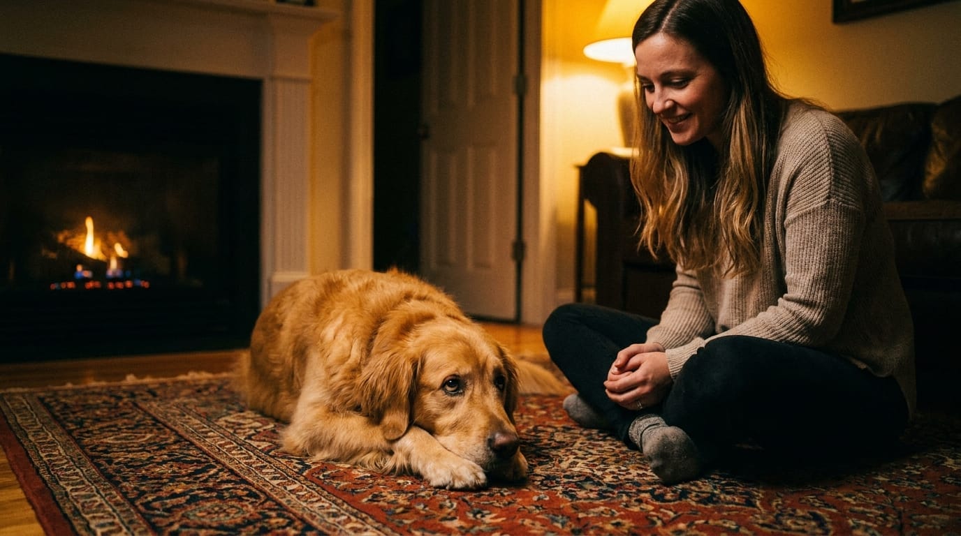 A golden retriever looking trustingly at its owner, demonstrating a strong bond built on respect.