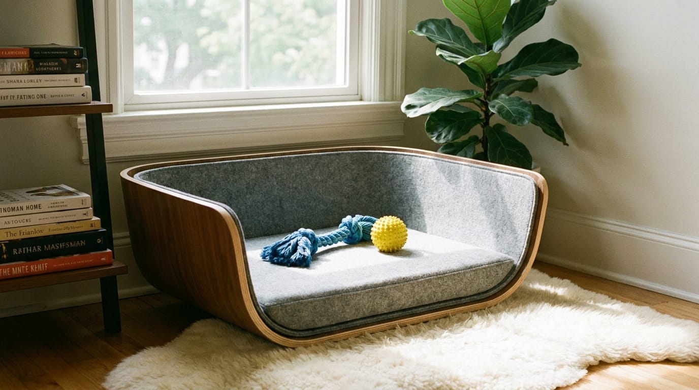 A calm and quiet safe space for a pet with visible toys