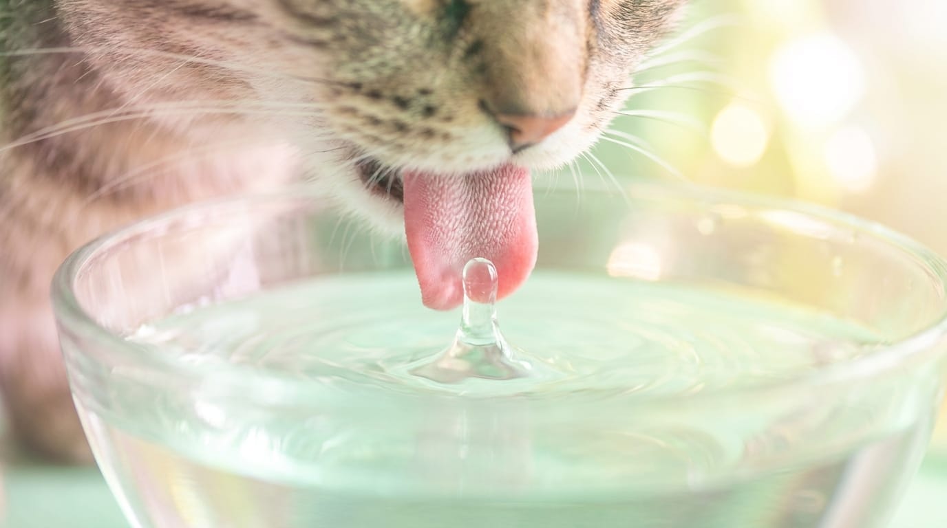 A close-up of a cat's tongue pulling a column of water to drink