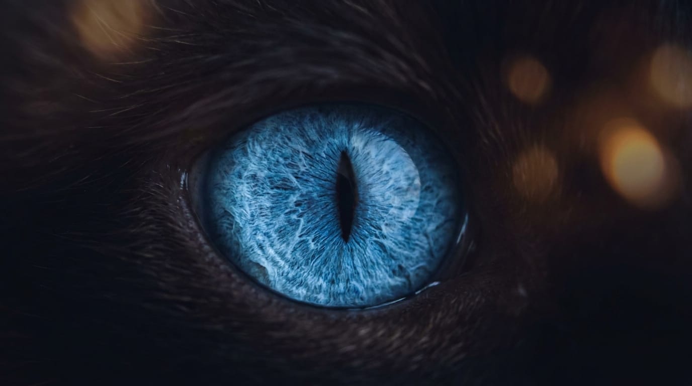 A piercing blue eye of a Siamese cat in a close-up shot