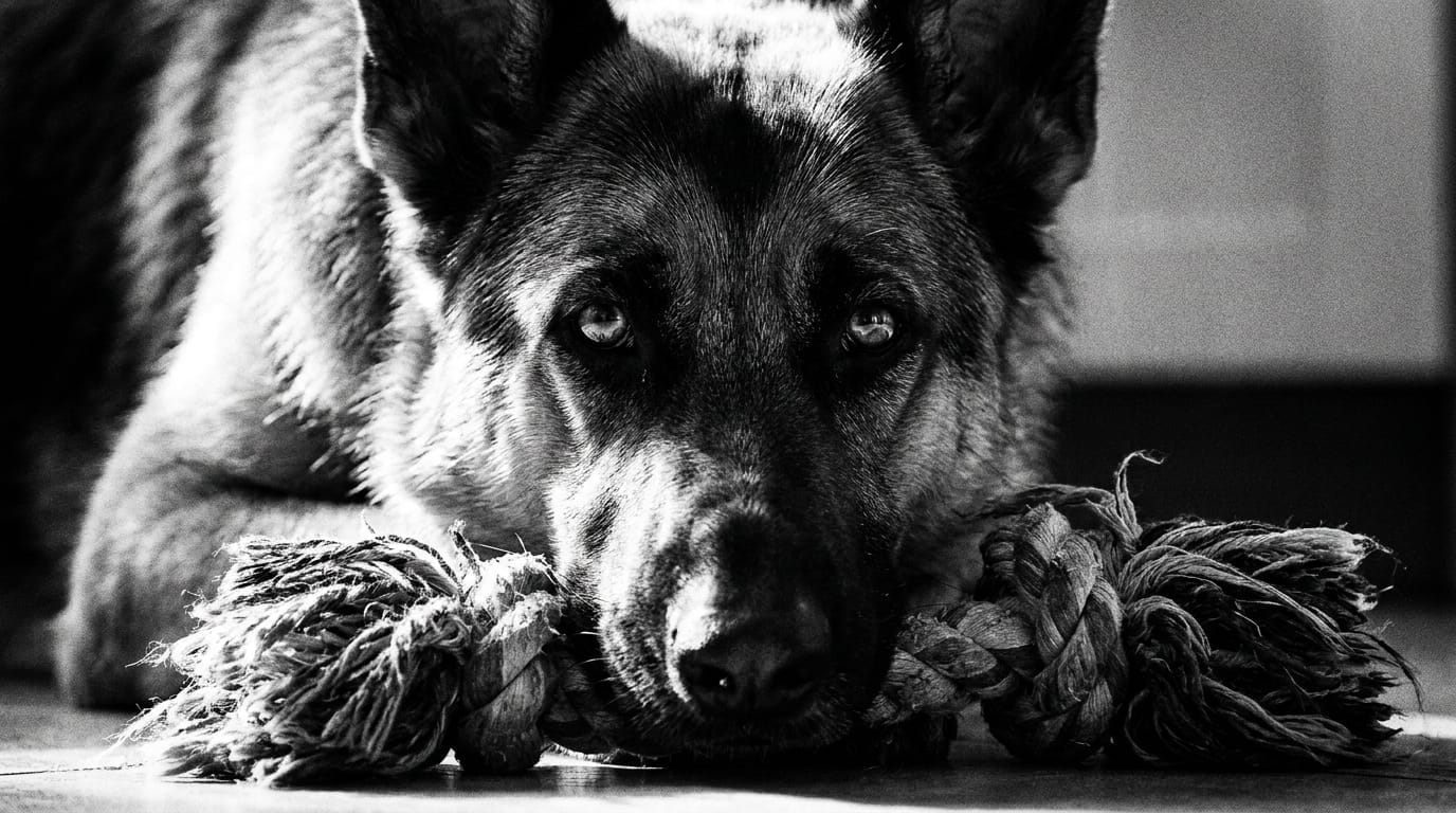 A German Shepherd guards its chew toy with a focused stare.