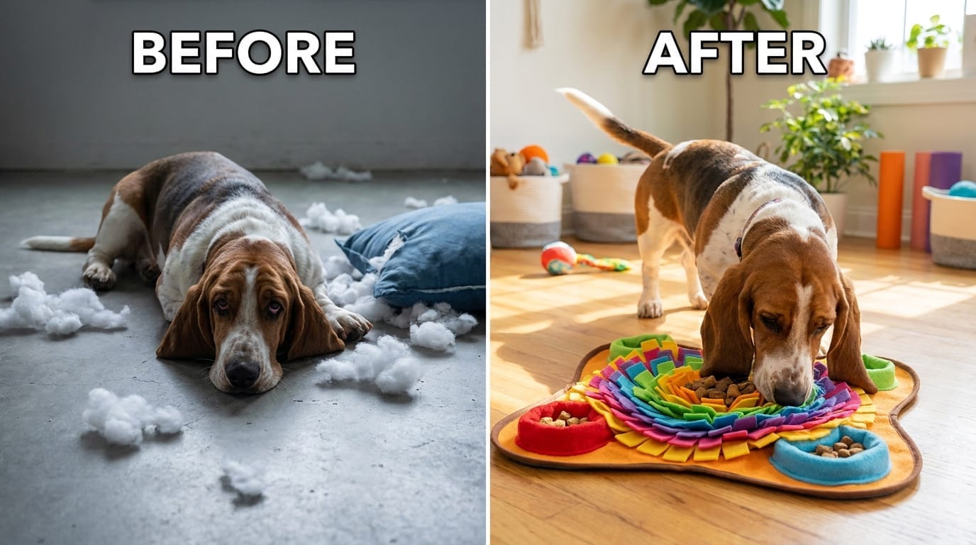 A before-and-after comparison of a bored dog versus a mentally stimulated dog with an enrichment toy.