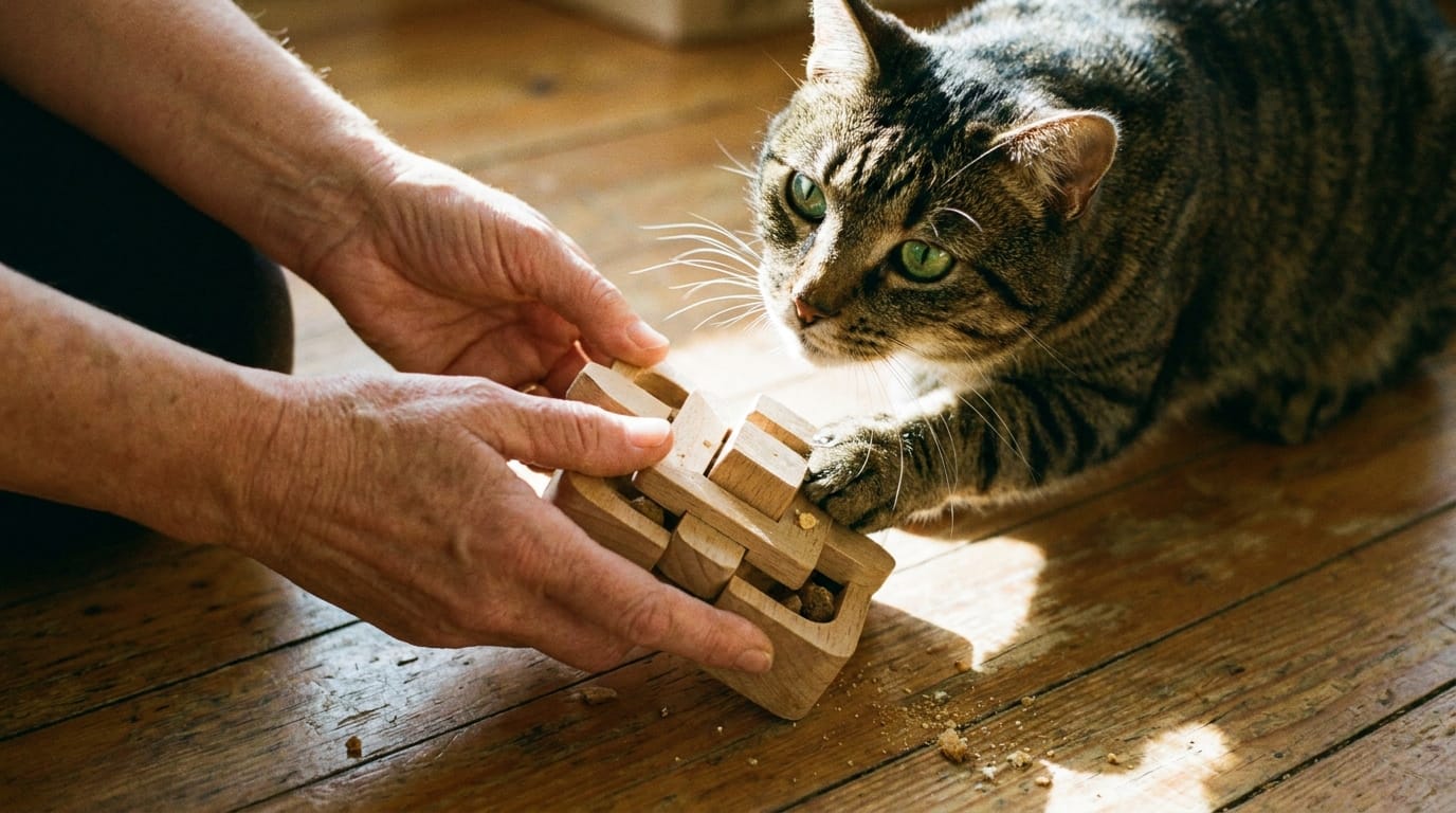 A person and their cat interacting with a puzzle feeder toy to provide mental stimulation.