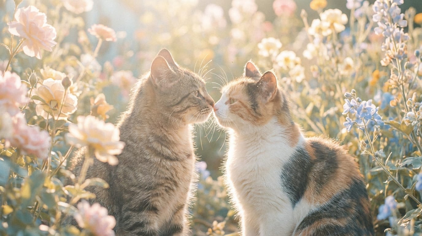 Two cats greeting each other by touching noses in a garden.